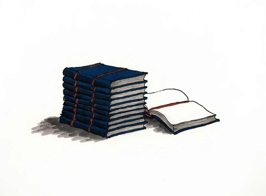 Ink painting of a stack of thread-bound books beside an open volume