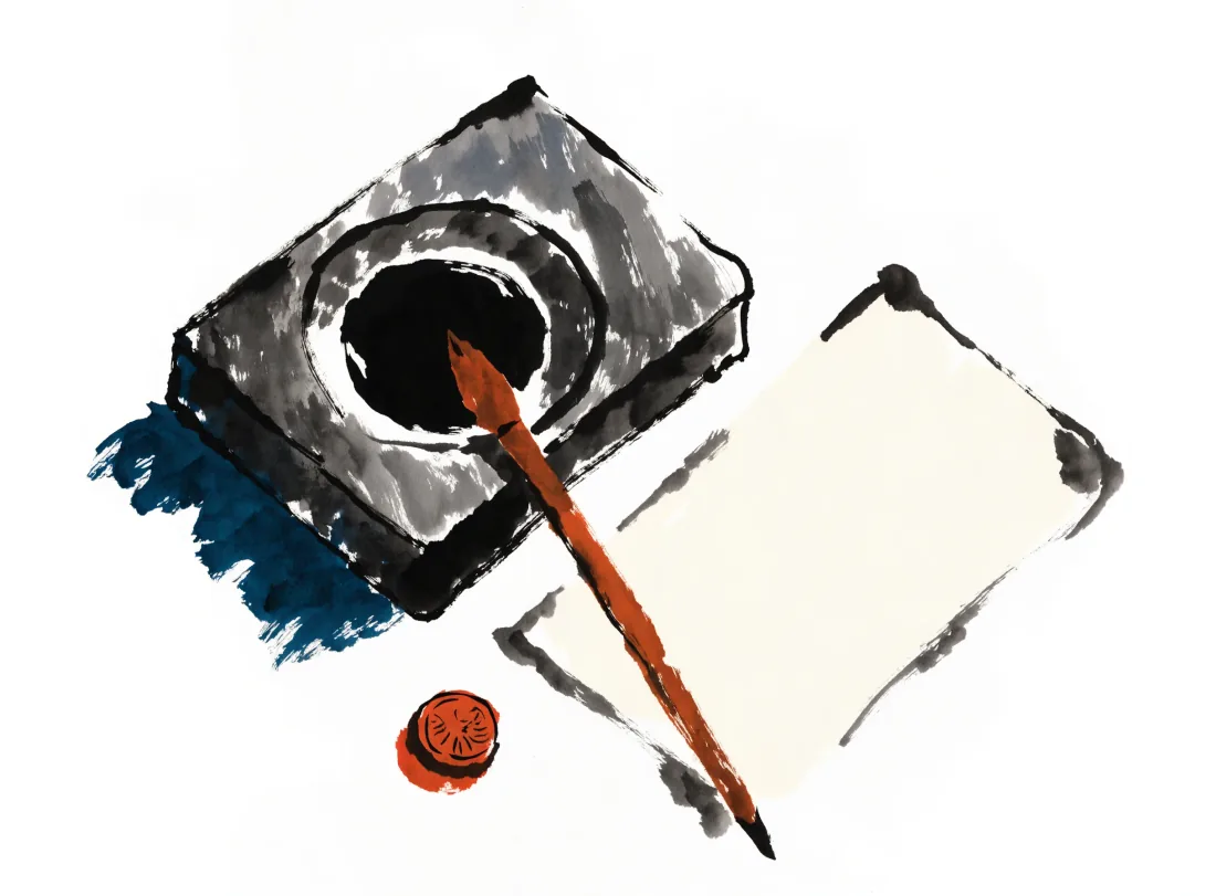 Ink painting of an inkstone, brush, blank paper and a seal